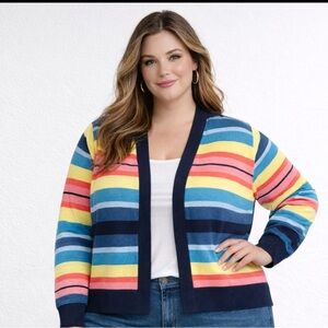Lane Bryant Open Front Short Cardigan Colorful Stripes 18/20 Cotton Blend Blue